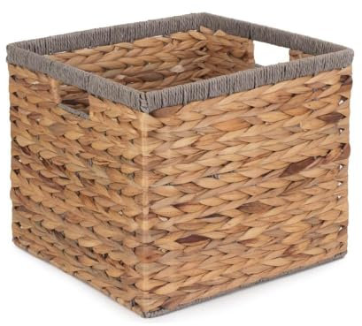 Red Hamper Small Square Water Hyacinth with Grey Rope Border Storage Basket, Brown