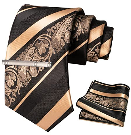 JEMYGINS Cravate Homme Doré en Soie Rayures et Impression Mariage et Pinces à cravate et Carre de poche Ensemble Compris boîte(6)
