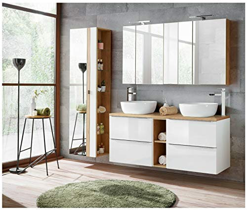 naka24 Badmöbel Set Capri-B Weiss Hochglanz 140 cm mit 2 Waschbecken LED Soft - Close (Waschtisch Spiegelschrank Hochschrank)