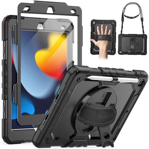 SEYMAC Schutzhülle für iPad 8. 7. Generation, 10.2, Hülle 2020/2019, vollständiger Schutz, mit Displayschutzfolie, Stifthalter, 360 ° Handschlaufe, Ständer, Schultergurt Schwarz