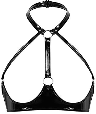 iEFiEL Damen Crop Top Neckholder Wetlook Brustfrei BH Weste Tank Tops Kurze Leder Schulterfrei Shirt Bikini Oberteil Clubwear Gogo Schwarz B M
