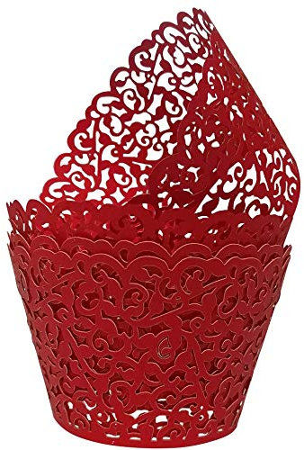 KOSTOO Spitzen-Cupcake-Einlagen, 50 Stück/Packung, Lasergeschnitten, Papier-Muffinförmchen für Hochzeit, Geburtstag, Party-Dekoration (Rot)