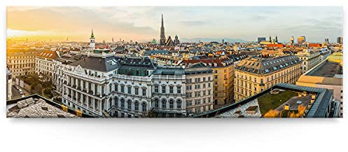 Eindrucksvolles XXL Panorama Wand-Bild Skyline Wien als Leinwandbild mit 150x50cm. Dieses große Bild setzt Ihr Wohnzimmer oder Schlafzimmer definitiv in Szene