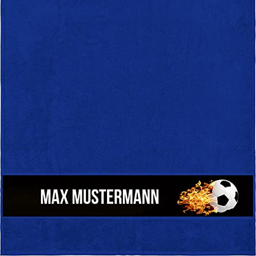 Personalisiertes Duschtuch Mit Brennendem Fußball-Motiv - Viele Farben - Royalblau - 70x140 cm - Geschenk Mit Wunsch-Name