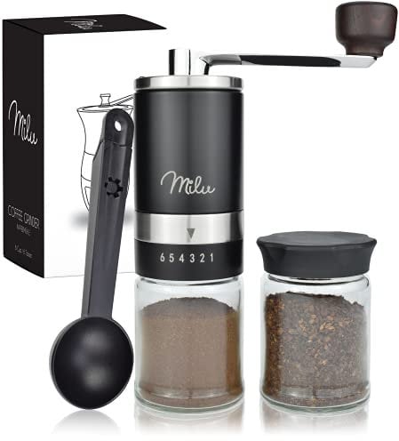 Milu Manuelle Kaffeemühle Handkaffeemühle mit Keramik Mahlwerk I 6 Stufen Mahlgradeinstellung I Espressomühle I – mit Löffel & Bürste (Schwarz)