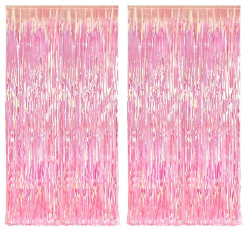 BRAVESHINE 2 Stück Schillernde Fransen Folienvorhang, Mehrfarbige Metallische Lametta Vorhänge,Schimmernder Vorhang mit Folienfransen für Geburtstag Hochzeit Weihnachtsfeier(Rosa,1x2m)