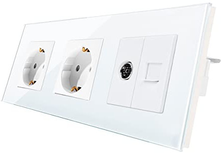 CNBINGO Enchufe Schuko de cristal empotrado, con combinación CAT6, red TV, doble enchufe, color blanco, enchufe de pared doble con marco de cristal
