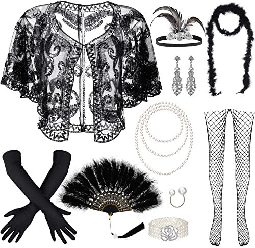 Set de 11 Accesorios Los Años 20 Disfraz Flapper Diadema de Plumas Pendientes Collar Chal Guantes de Bailar Mujer (Negro)