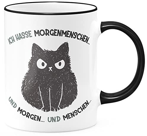 FunTasstic Tasse Ich hasse Morgenmenschen. und Morgen. und Menschen Kaffeebecher beidseitig bedruckt spülmaschinenfest Tasse für das Büro Tee, Kaffee Geschenkidee, Farbe:schwarz, Größe:330 ml