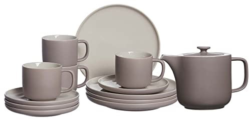 Ritzenhoff & Breker Jasper Kaffeeservice mit Kanne, 13-teilig, Taupe, Steinzeug, Teller Tassen Untertassen und Teekanne für 4 Personen