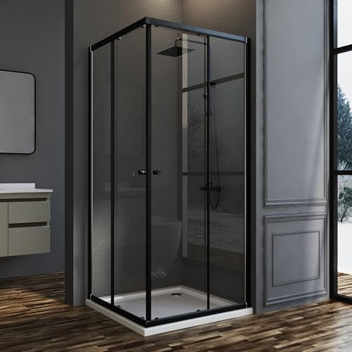 Goezes Duschkabine Eckeinstieg 75x80cm Schiebetür Duschabtrennung Schwarz | 6mm Gehärtetes Glas, Dusche mit Doppel Schiebetüren, Duschwand aus 6mm ESG Sicherheitsglas, Höhe 185 cm, Schwarz Alu-Rahmen