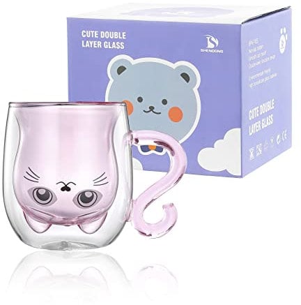 Shendong Cute Cat Mugs Cute Cups Cat Tea Coffee Cup with Handle 8.5oz Milk Cup Double Wall Insulated Glass Gift for Personal Birthday Valentine's Day and Office (Pink Cat) (SD2023022401)