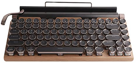 Retro Schreibmaschinentastatur, Blauer Mechanischer Schalter, 83 Tasten, Quadratisch, Runde Tastenkappen, 3 Modi, 7 Farben, RGB, Wasserdicht, mit Leder Umwickelte Mechanische Tastaturen(Holzmaserung)