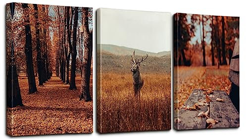 Ohok Premium Leinwandbilder Kunstdruck Bilder 30x40cm, Leinwanddruck Bilder 3er-Set Wandkunst Dekor Bild mit Holzrahmen Wandbilder für Schlafzimmer Büro Home Dekorationen (Herbst-Hirsch)