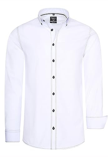 Rusty Neal Herren-Hemd Premium Slim Fit Langarm Stretch-Hemd mit Kontrast-Naht Freizeithemd 024, Farbe:Weiß, Größe S-3XL:S