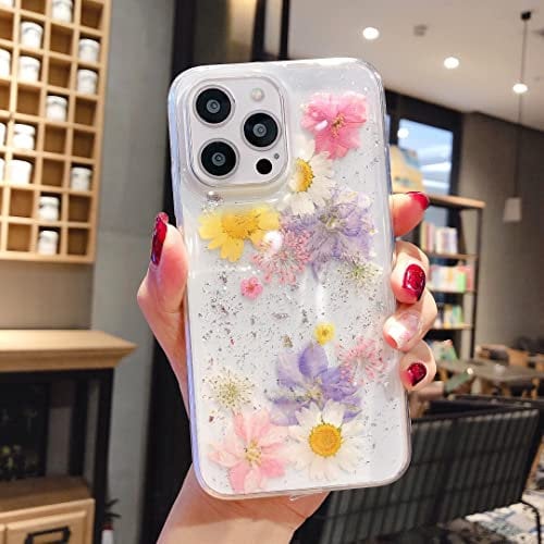 EYZUTAK Case for iPhone 15 Pro Max, Bling Glitter Sequin Handmade Real Dried Flower Leaf Embedded Pressed Floral Flexible Soft Rubber Gel TPU Protective Bumper Back Cover - Blue+Pink