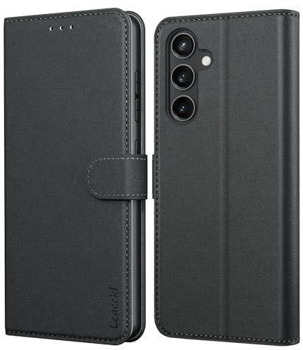 Leacckl for Samsung Galaxy S23 FE Case, Leather Wallet Case, Flip Case with Card Holder and Magnetic Buckle, Black