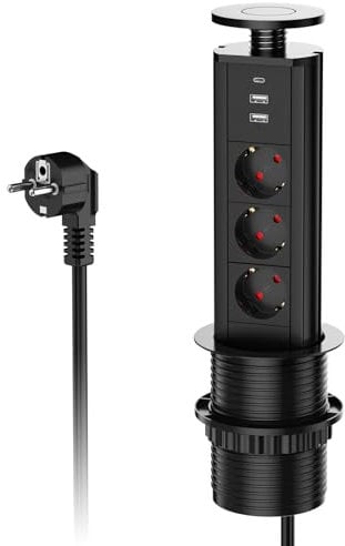 Regleta Retráctil Con USB C PD20W, 3 Enchufes Para Cocina Con 2 USB A, Enchufe Empotrable, Negro, Para Encimera, 4000 W/16 A, Cable de 1,8 M