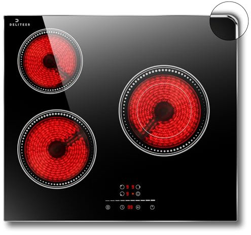 Glaskeramikkochfeld 3 Platten, DELITEER Kochfeld mit Rahmen, 60cm Einbau, 5200W, Slider-Touch-Steuerung, Flexible Zone mit Doppelter Zone, Kochfeld Autark