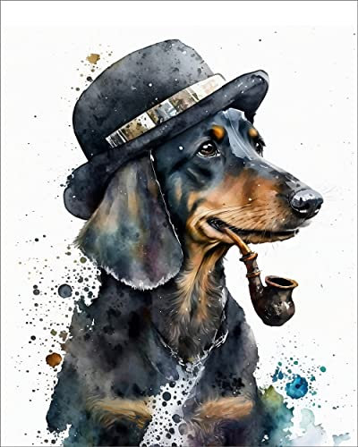 7Dots Art. Aquarell-Kunstdruck, Poster, 20,3 x 25,4 cm, auf dickem Aquarellpapier für Kinderzimmer, Schlafzimmer, Badezimmer Wandkunst-Dekor mit Tieren für Jungen und Mädchen (Dackel mit Pfeife)