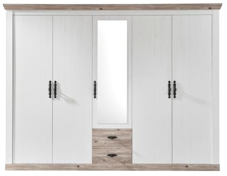 Furn.Design Kleiderschrank in weiß Pinie und Oslo Pinie Landhaus Drehtürenschrank 5-türig mit Spiegel Schlafzimmer Schrank 265 x 201 cm Rovola (Kleiderschrank 3)