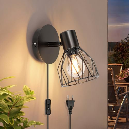 Kimjo Wandlampe mit Schalter und Stecker - Wandleuchte mit Schalter Schwarz Wandlampe mit Stecker Innen Drehbare - E14 Wandstrahler Schlafzimmer Wandlampe Wohnzimmer Wandspot Ohne Leuchtmittel