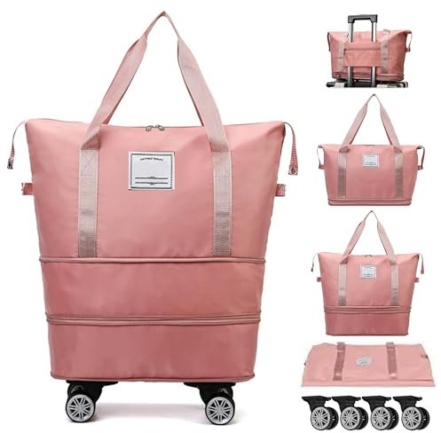 Madee's Sac de voyage extensible pliable 4 en 1 avec roues amovibles – Sac de sport à roulettes imperméable – Grand sac de week-end (rose)