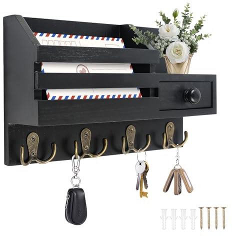 MaxEarn Holz Schlüsselhalter mit 4 Doppelhaken, Dekorative Schlüsselhaken Wand mit Ablage, Schlüsselbrett Holz Wandregal Schlüsselkasten mit Aufbewahrung für Flur, Eingang, Wohnzimmer, Schwarz