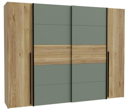 Forte Narago Kleiderschrank 270, 4-türiger Dreh-Schwebetürenschrank mit Einlegeböden und Kleiderstange, Holzwerkstoff, Mauvella Eiche-Salbei, 270.3 cm breit, 210.5 cm hoch, 61.2 cm tief