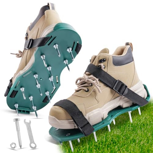 URAQT Zapatos Aireador para Cesped, 1par Suelas Escarificadoras Suela de 29*13CM y Púas de 47mm, Zapatos Aireador Jardin de Tamaño Ajustable,Talla Universal, para Zapatos Aireación en Patio y Jardín