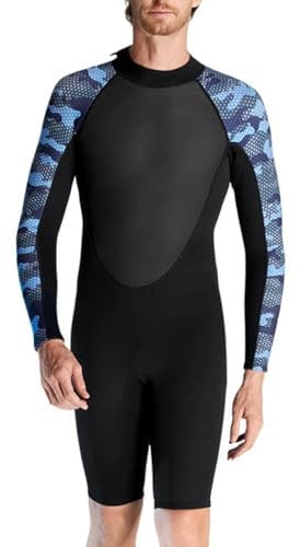 LANGWEI Men's Shorty Wetsuit, Long Sleeve Warm 3MM Neoprene Diving Suit, Back Zip One Piece Rash Guard Bathing Suit for Scuba Diving Surf Snorkeling Swimming,Black,L