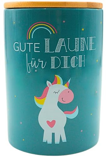 Dekohelden24 Stilvolle Keramik Aufbewahrungsdose/Kaffeedose/Frischhaltedose/Gebäckdose Gute Laune für dich. Motiv: Einhorn. Größe: H/Ø 15,6 x 11 cm.