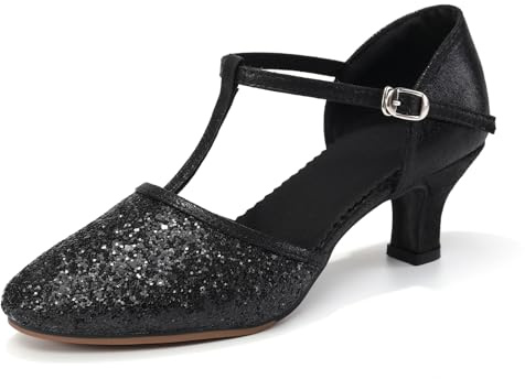 YCALCP Damen Latein Tanzschuhe mit Pailletten Geschlossene Zehe T-Strap Ballroom Salsa Tango Party Pailletten Tanzschuhe,5.5 cm Absatz,FT-135
