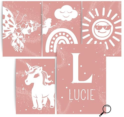 Papierkindᵀᴹ Personalisierbares 5er Poster Set - Schmetterling Regenbogen Einhorn | Personalisierte Boho Bilder fürs Mädchenzimmer | Minimalistische Wanddeko | DIN A4 ohne Rahmen (C40)