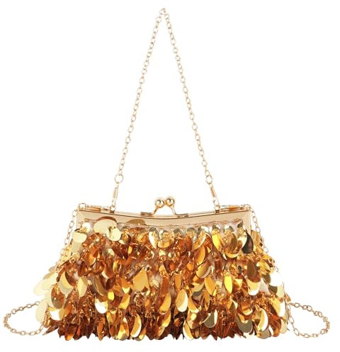 MilyaDE Pailletten Clutch Handtasche Damen Sparkly Geldbörse Abendtasche Glitzer Partytasche Hochzeit Schultertasche mit 2 Ketten, Gold
