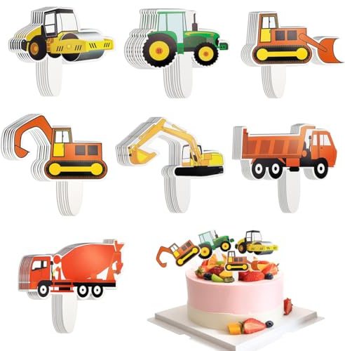 FERCAISH 84 Stücke Grün Traktor Kuchen Picks, Bagger Kuchendeko Auto, Baufahrzeug Cupcake Topper, Paper Bau Thema Torteneinlage für Jungen Mädchen Geburtstag Tortendeko Party Deko