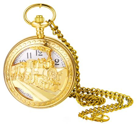 JewelryWe Zug Taschenuhr Gold mit Kette: Damen Herren Vintage Dampfzug Kettenuhr Analog Quarz Skelett Uhr Anhänger mit Halskette Pullover Kette Pocket Watch Geschenk