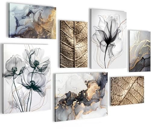 Novart Wandbilder Blumen Blätter - KOMPLETT AUFHÄNGFERTIG - Gold Grau Schwarz Wohnzimmer Schlafzimmer Flur - 7 Moderne Mood-Bilder - N032571a