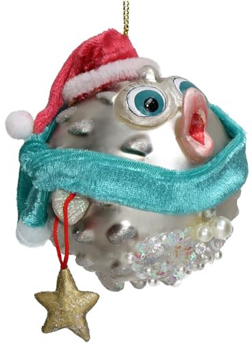 Christbaumschmuck 10cm Glas - Kugelfisch Figur zum Aufhängen - handbemalt & mit Glitzer - Weihnachtsbaum Anhänger für Weihnachten - Christbaumanhänger & Weihnachtsbaumschmuck - Fisch Silber Grau