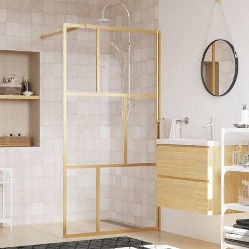 IKAYAA Walk In Dusche 100 x 195 cm Begehbare Duschwand Glas 5 mm Glas Duschabtrennung Duschtrennwand Glas Duschwand Glastrennwand Gold