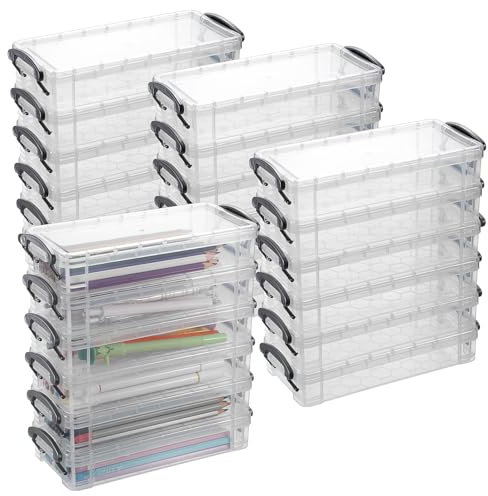 OGANAZI 24 Pack Stackable Clear Pencil Cases Plastic Pencil Box for Pen Pencil Storage Painting Brush Storage Box with Snap-tight Lids and Buckles Large Capacity Office Supplies Storage Box, Grey