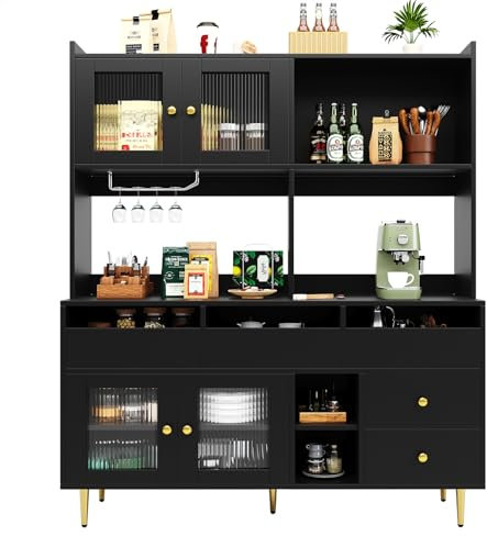 DRIXNO Restaurant-Hochschrank (145x39 x171 cm), Changhong-Glastür, Weinglasregal, Mehrschichtigem Stauraum, Schwarz und Golddekoration, Geeignet für Restaurants