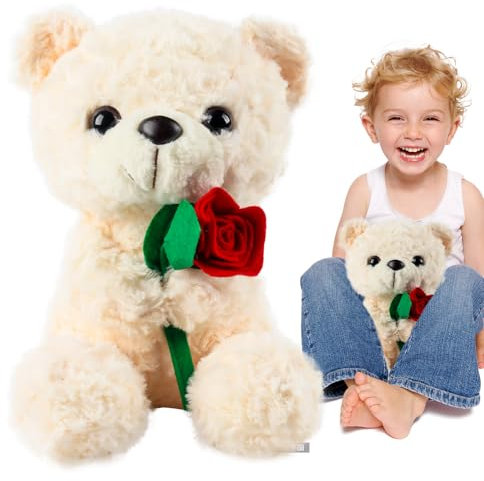 JWTRSVTY Ours En Peluche Avec Rose, Ours Peluche Tenant Une Rose, Animaux En Peluche Ours Saint Valentin, Saint-Valentin Jolie Peluche, pour Petite Amie De Saint Valentin, Cadeau Anniversaire (Blanc)