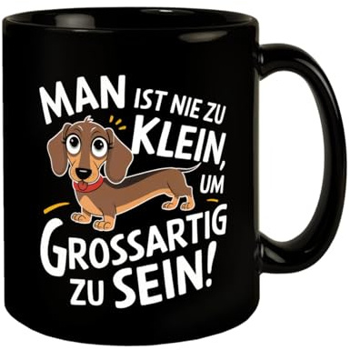 Fröhlicher Dackel - Großartig sein Tasse schwarzer Kaffeebecher mit lustiger Illustration eines Dackels mit rotem Halsband perfekte Geschenkidee