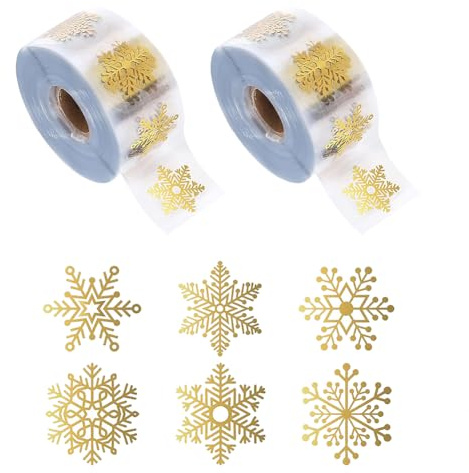 JIHUOO 1000 Stück 2,5 cm kleine goldene Schneeflocken-Aufkleber, Schneeflocken-Aufkleber, Rolle, Schneeflocken, Umschlag-Aufkleber, Winterurlaub, Kartenherstellung, Weihnachten, dekorative Aufkleber