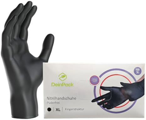 DeinPack 100 Einweghandschuhe schwarz, Einmalhandschuhe XL, Nitril Handschuhe, Nitrilhandschuhe puderfrei, Gummi-Handschuhe Einweg, Schutzhandschuhe, Handschuhe Nitril in S, M, L, XL
