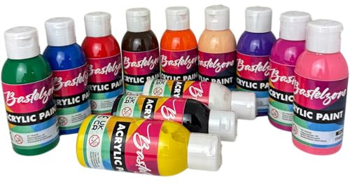 Bastelzone Lot de 12 peintures acryliques - 100 ml chacune - Couleurs hautement pigmentées pour enfants et adultes - Polyvalent pour papier, toile, bois, pierre, tissu, métal, pouring et plus encore