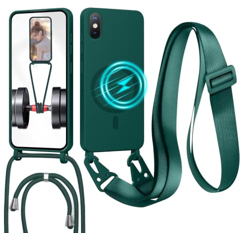GoodcAcy Crossbody Lanyard Case for iPhone X/iPhone XS, [Compatible with MagSafe] Magnetic Case with Strap Adjustable and Removable Neck, Anti-Fingerprint Cover, Green