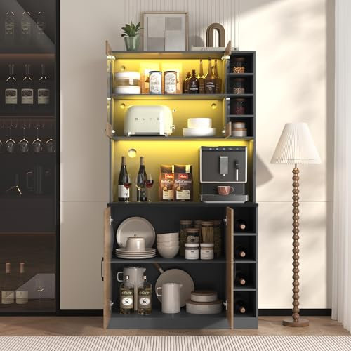 100 x 47 x 187 cm, armario de cocina, buffet con iluminación LED ambiental y agujeros para cables, tablero de cocina de madera, gran espacio para microondas, independiente, estantes laterales