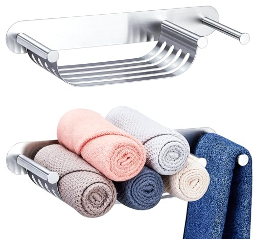 Handtuchhalter Ohne Bohren, Handtuchhalter Wand Edelstahl, Moderner Selbstklebender Handtuchstange Zur Aufbewahrung für Badezimmer, Küche, Waschraum, Silber